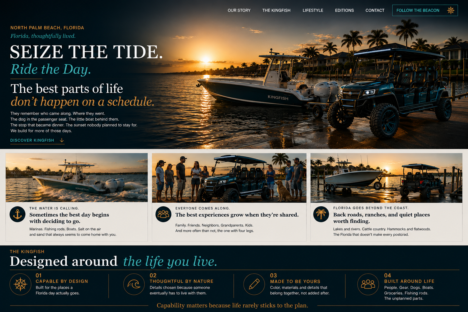 Kingfish Custom — Live the Tide. Define Your Day. A cinematic North Palm Beach scene with a Kingfish lifestyle vehicle, luxury center-console boating, family and friends, and the design principle: Designed around the life it will live.